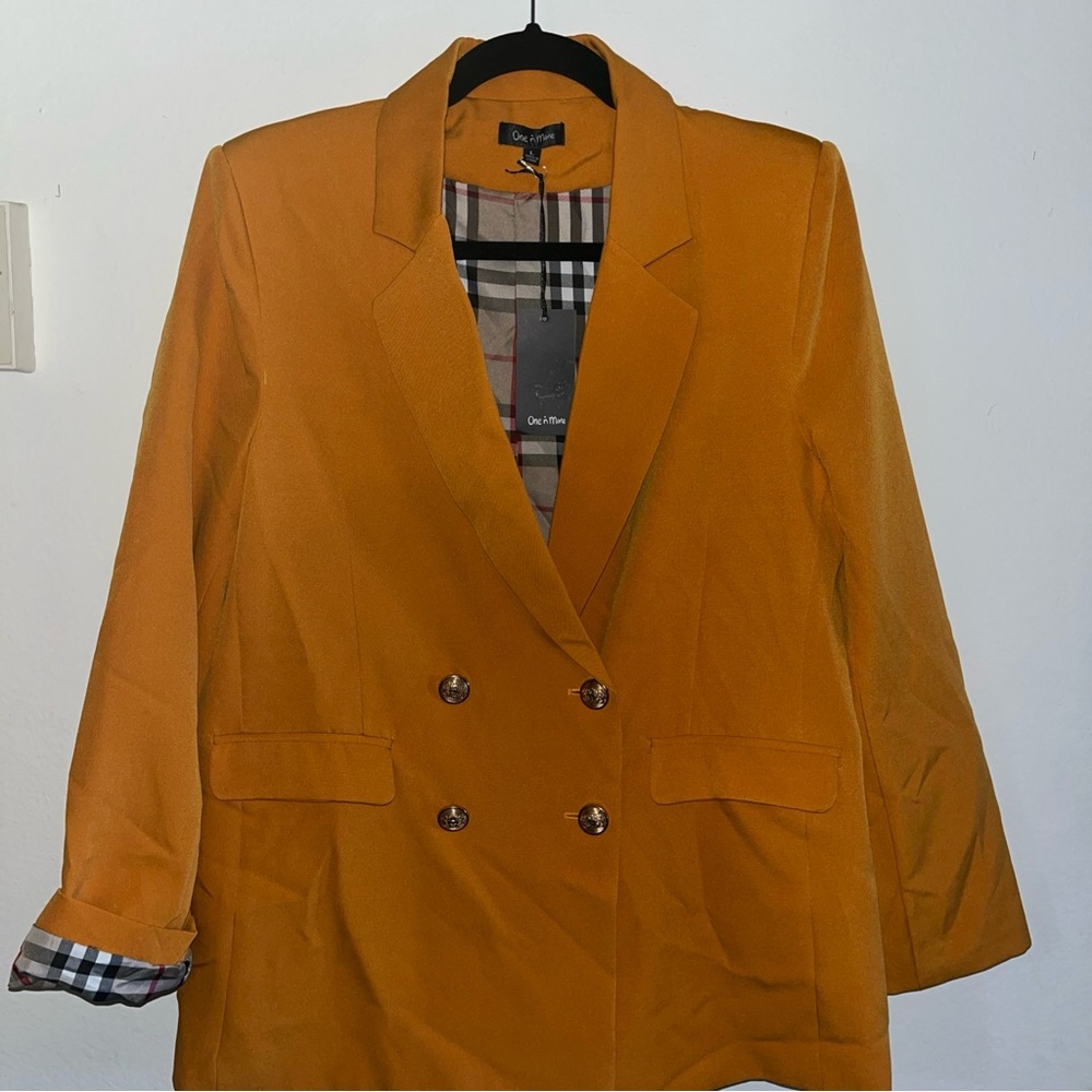 Elegant Dark Mustard Double-Breasted Blazer, Shoulder Pads Plaid lining Y2K